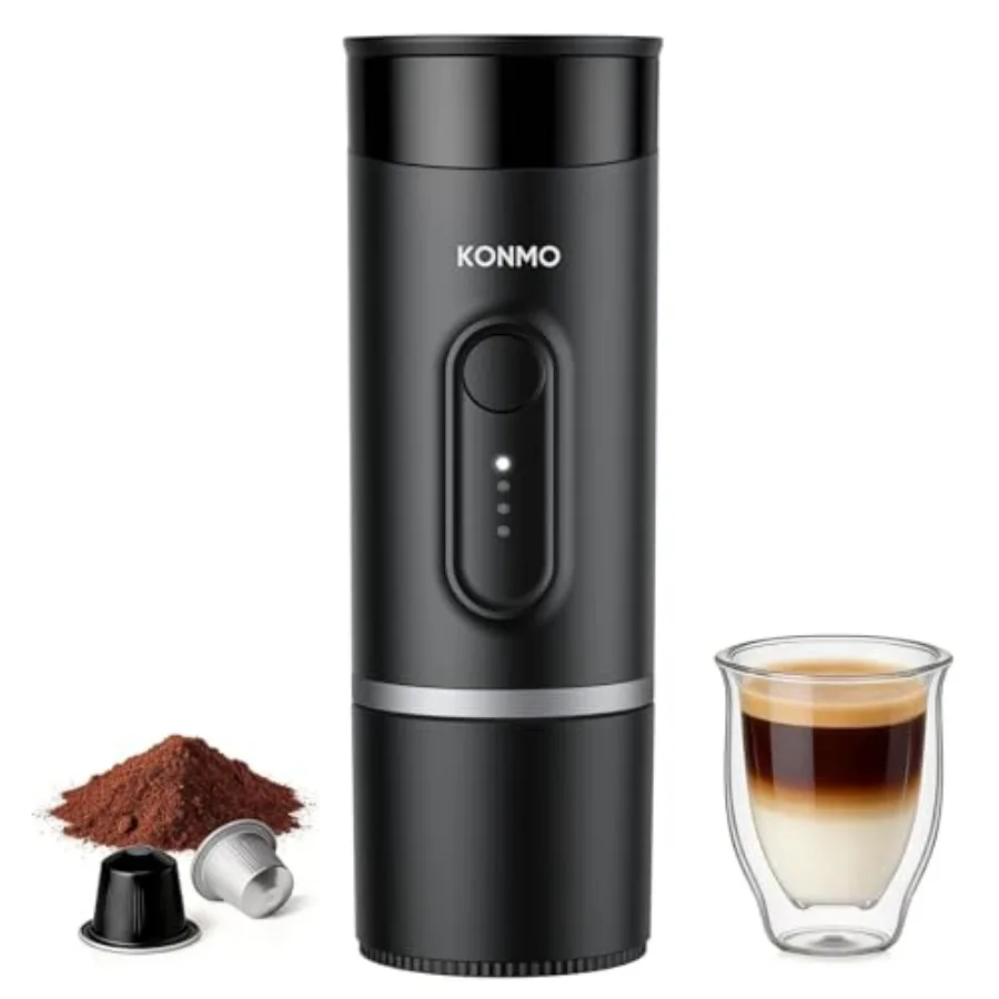 

Portable Espresso Maker for Travel: Stainless Steel, Black, 15 Bar Hand Pressure, Compatible with Capsules Ground Coffee, Compa