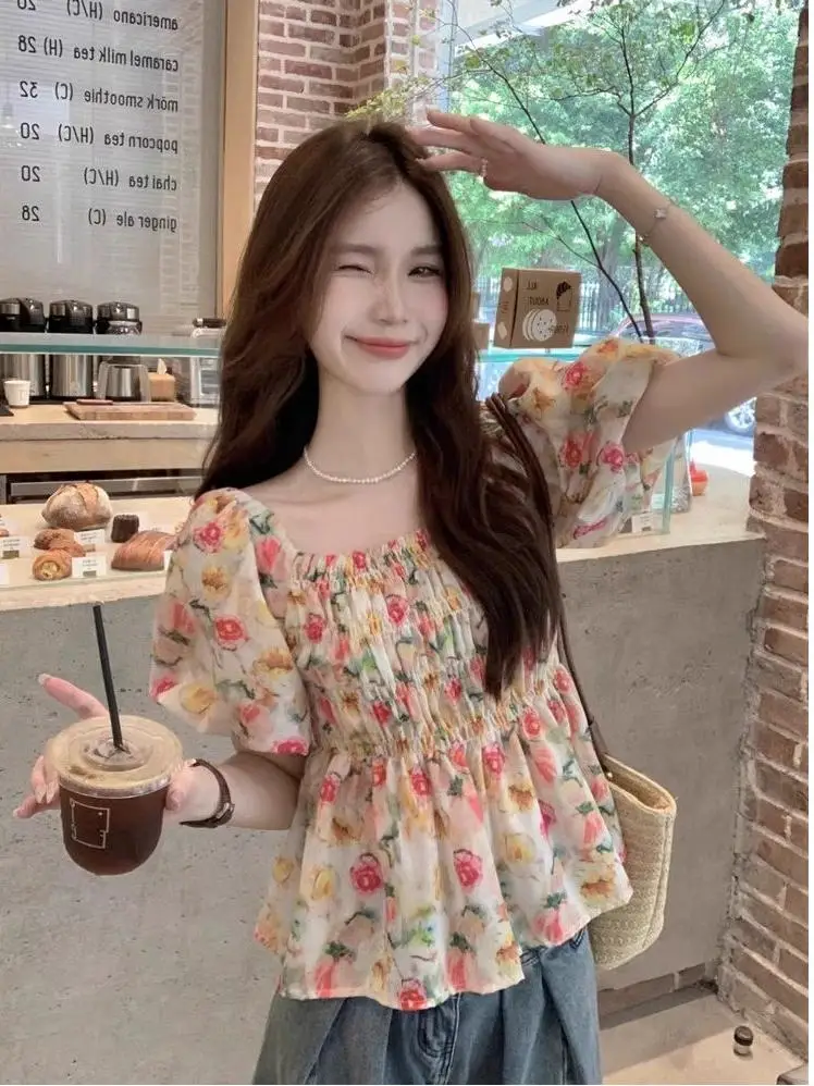 

Floral Print Square Collar Bubble Sleeve Shirt Women Summer Waist Cinching Belly Covering Short Sleeve Chiffon One Shoulder Top