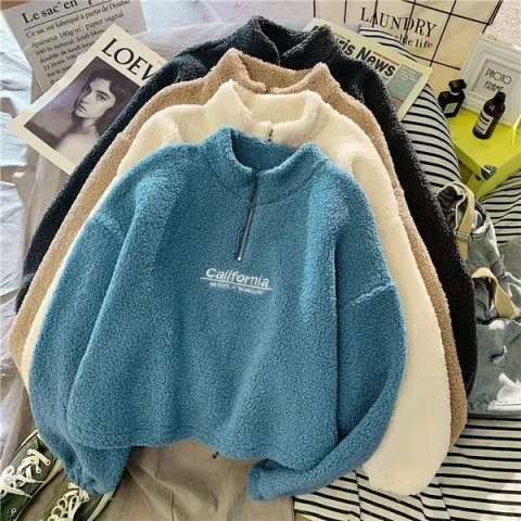 

Lamb Fur Lined Thickened Hoodie Women's Loose Short Style Half Zipper Stand Collar Sweatshirt Korean Version Student Outerwear