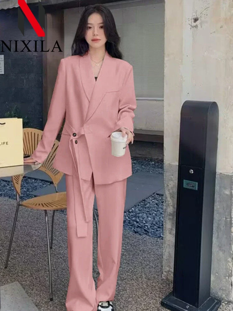 New in Women Blazer Pants Sets Fashion Office Ladies Casual Oversized Wide Leg Coats Women\'s Sets Long Sleeve Tops Two Piece Set