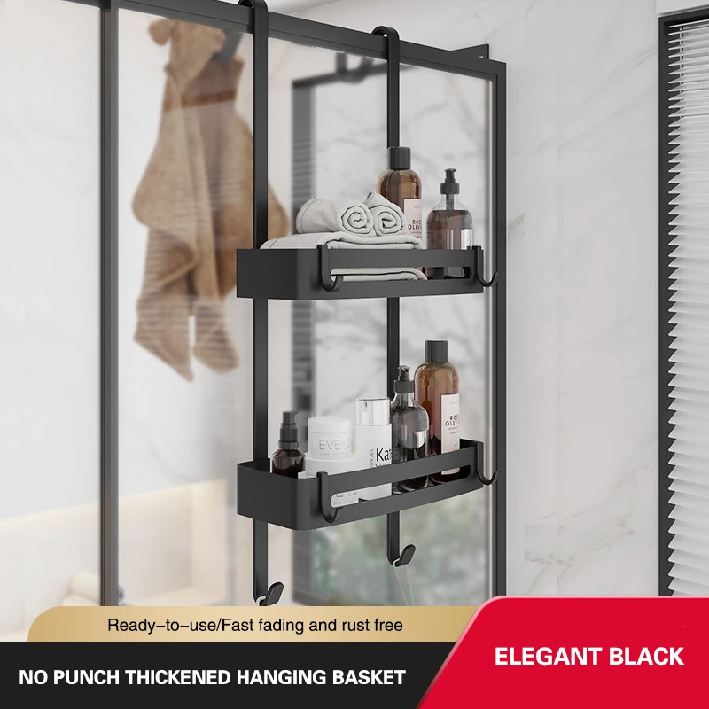 

2024 New Black Hanging Bath Shelves Bathroom Shelf Organizer Nail-free Shampoo Holder Storage Shelf Rack Bathroom Basket Holder