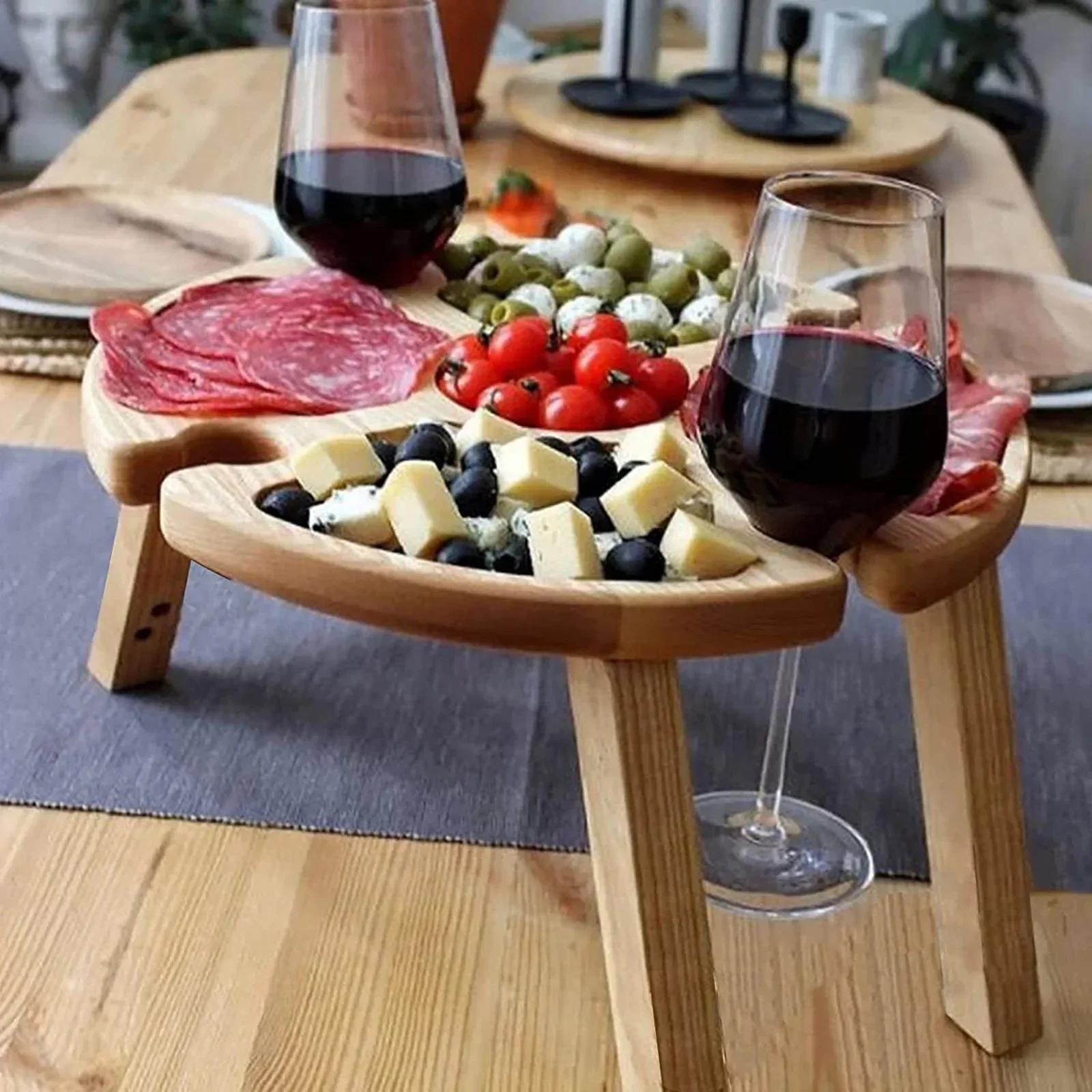 

Outdoor Folding Wooden Picnic Table-With Glass Holder Round Desk Wine Glass Rack Collapsible Table For Garden Party