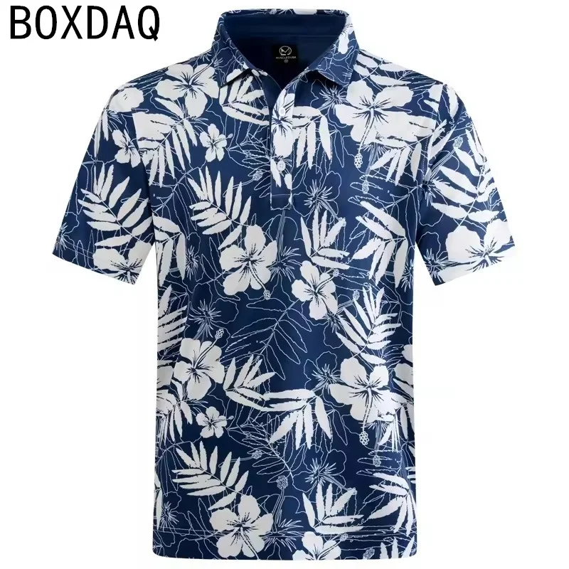 Hawaiian Plants Coconut Tree Pattern Polos Man Summer Short Sleeve Turndown Collar Golf Sport Polo Shirts Oversized Men's Polos