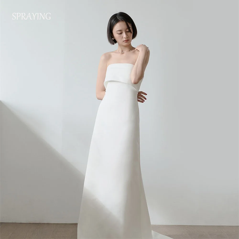 

SPRAYING Simple Ivory Wedding Dress Korea Photo Shoot Strapless Sleeveless Floor Length Bridal Gown Corset Customized 웨딩드레스