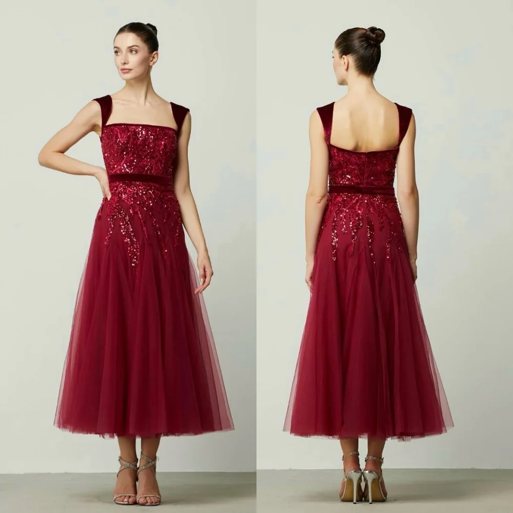 Customized Net Glitter Sequined Square Neck A-line Midi Dresses Bespoke Occasion Women's Evening Party Gown Prom Charming