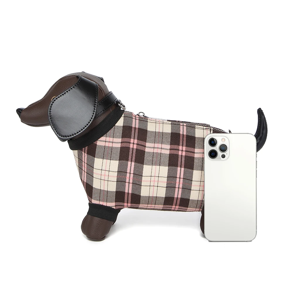 Trendy Plaid Dachshund Doll Bag Women Casual Crossbody Bag 3D Dog Shape Shoulder Bag Gift For Girls