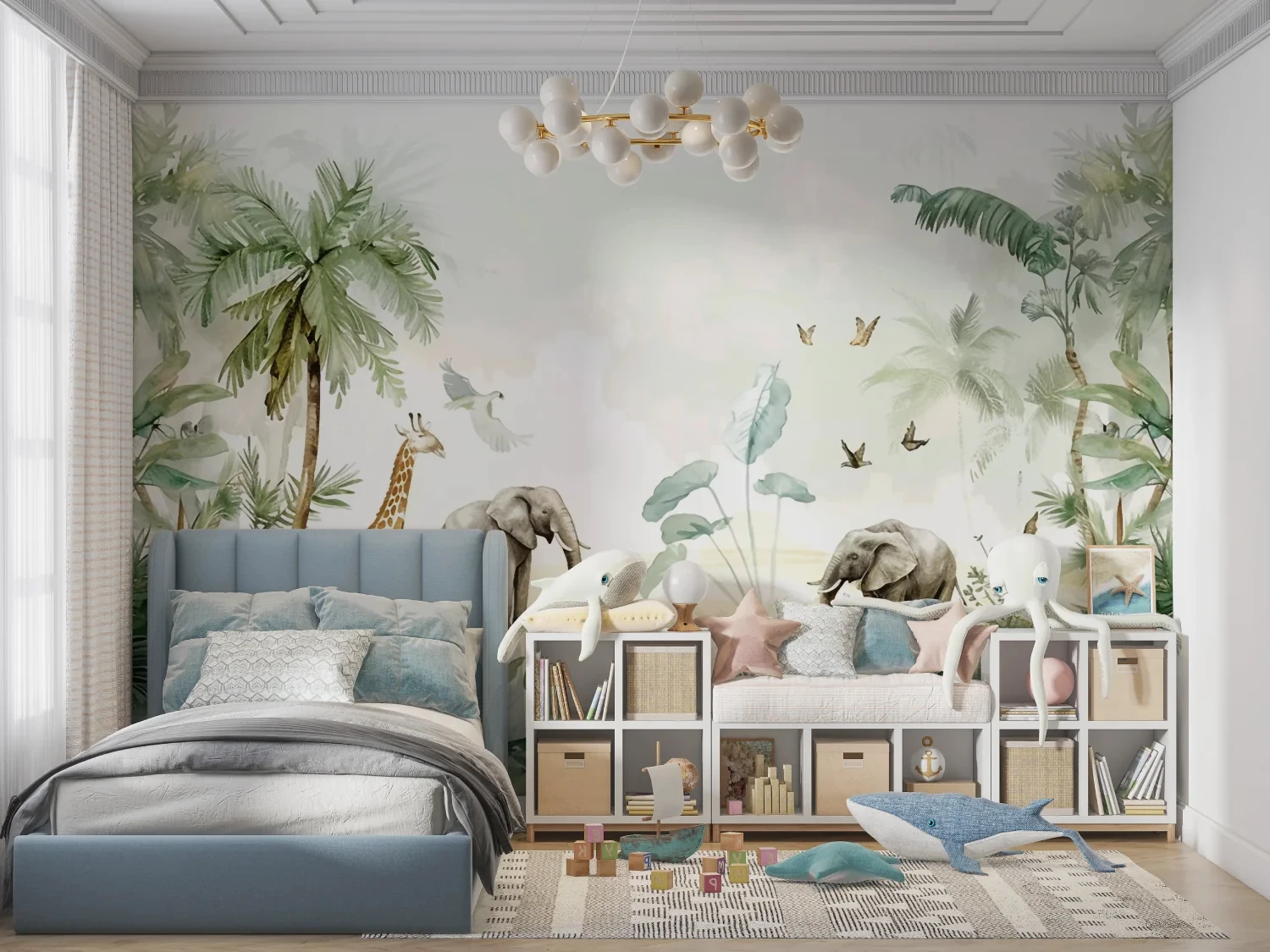Customized Size Mural Cartoon Animal Tropical Plant Children's Decorative Drawing Giraffe Elephant Zebra Animal 3D Wallpaper