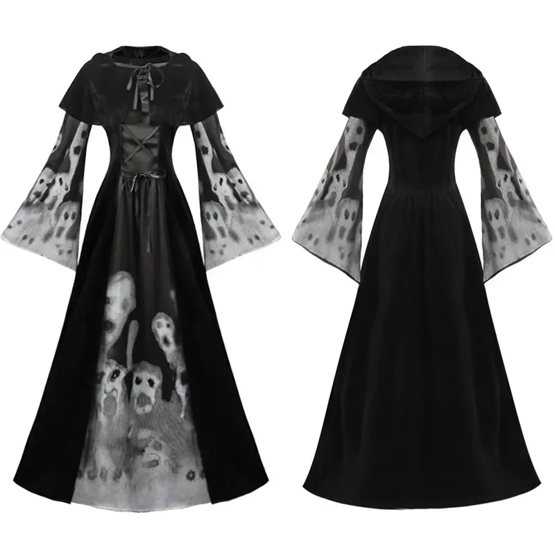 Disfraz de Halloween Vintage para mujer, vestido gótico de bruja, vampiro, fantasma, vestidos de fiesta estampados, fantasma Medieval, ropa de novia