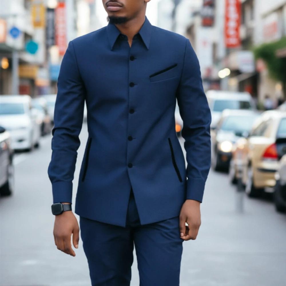 

Мужской костюм Safari: роскошный темно-синий костюм с контрастной окантовкой, рубашка с воротником, приталенный пиджак, для офиса, официальных мероприятий, жениха, свадьбы, 2 предмета