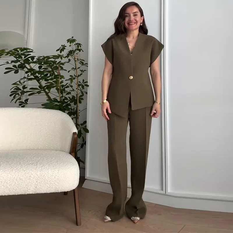 

Temperament Casual Trouser Set Women Single Button Blazer With High Waist Wide Leg Pant 2Pcs Set 2025 Fashion Casual Commute Set