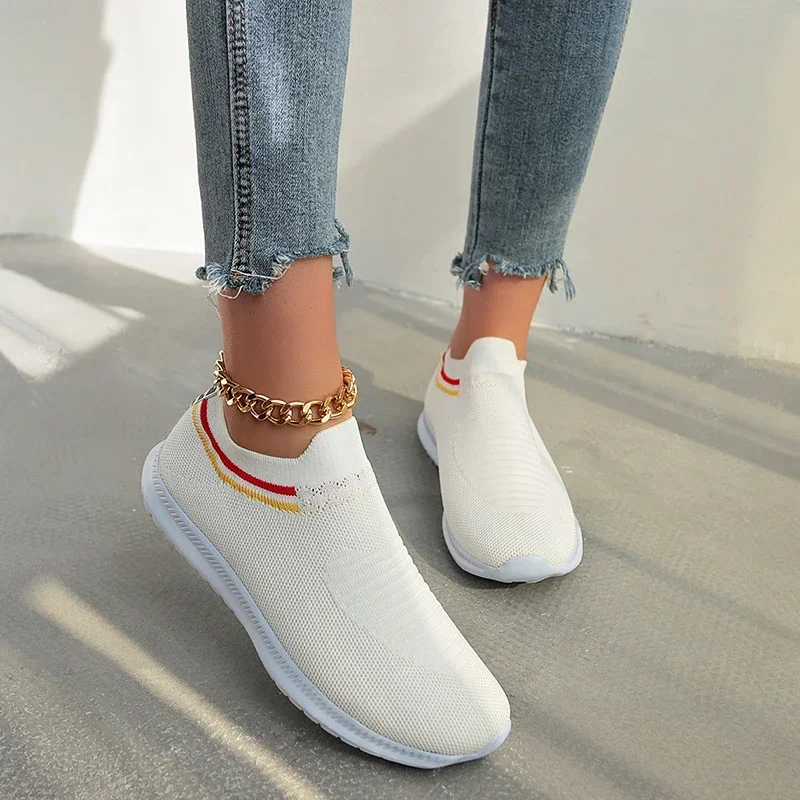 Big Size 44 Knitted Sneakers Women Autumn Women Shoes Low-top Breathable Womens Thick-soled Sneakers Mesh Slip-on Jogging Shoes