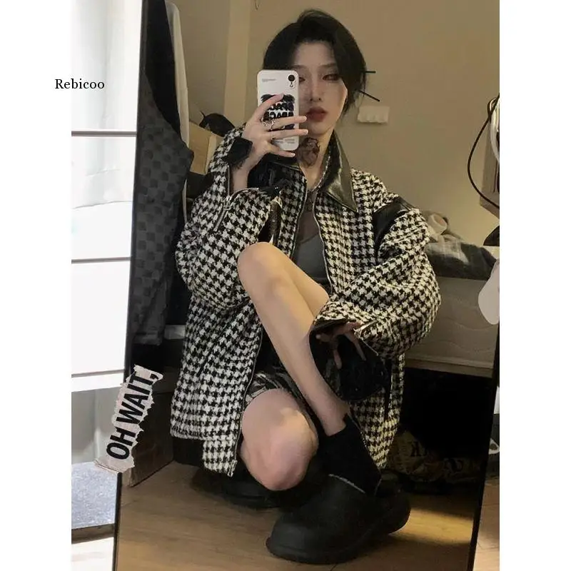 Woman Jacket 2022 Spring Autumn Houndstooth Jacket Loose Stitching Versatile Vintage Casual Coat Clothes