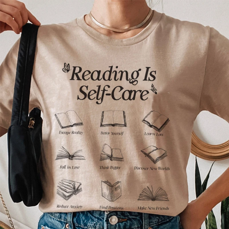 Reading Is Self-Care Bookworm Graphic T-Shirts Women Retro Boho Bookish Mental Health T Shirt Cute Loose Book Lover Tees Gifts