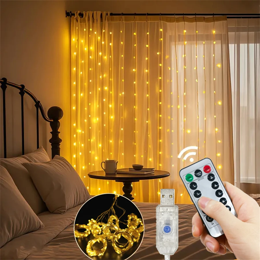 Fairy LED Curtain String Lights USB Remote Control 8 Modes Fairy Garland Lamp for Bedroom Holiday Wedding Birthday Decor Gifts