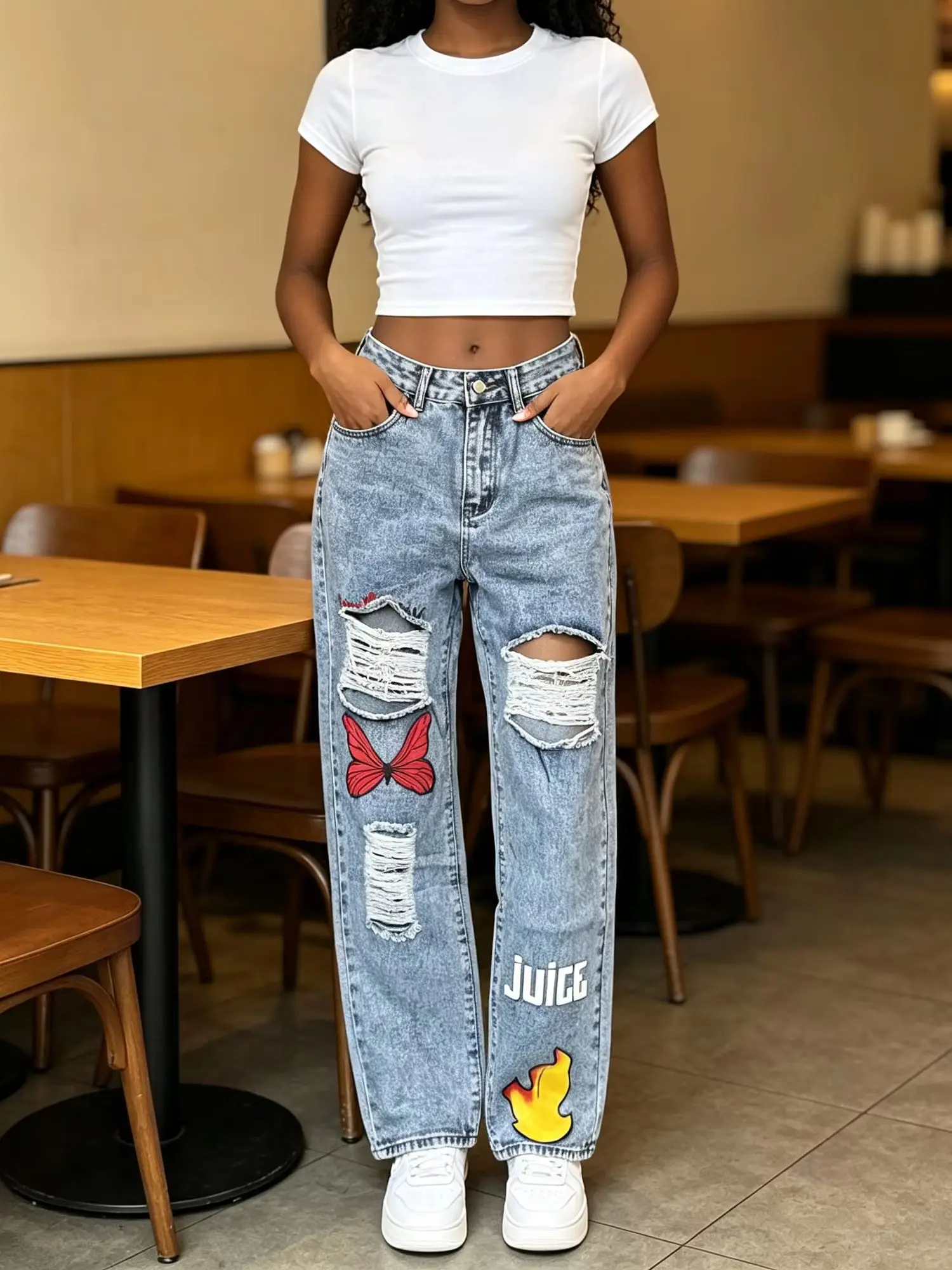 Spring and Autumn Light Gray Vintage Straight-Leg Denim Pants for Women High-Waisted with Ripped Details Tassels Butterfly Flame Juice Print Street Style Versatile Pants