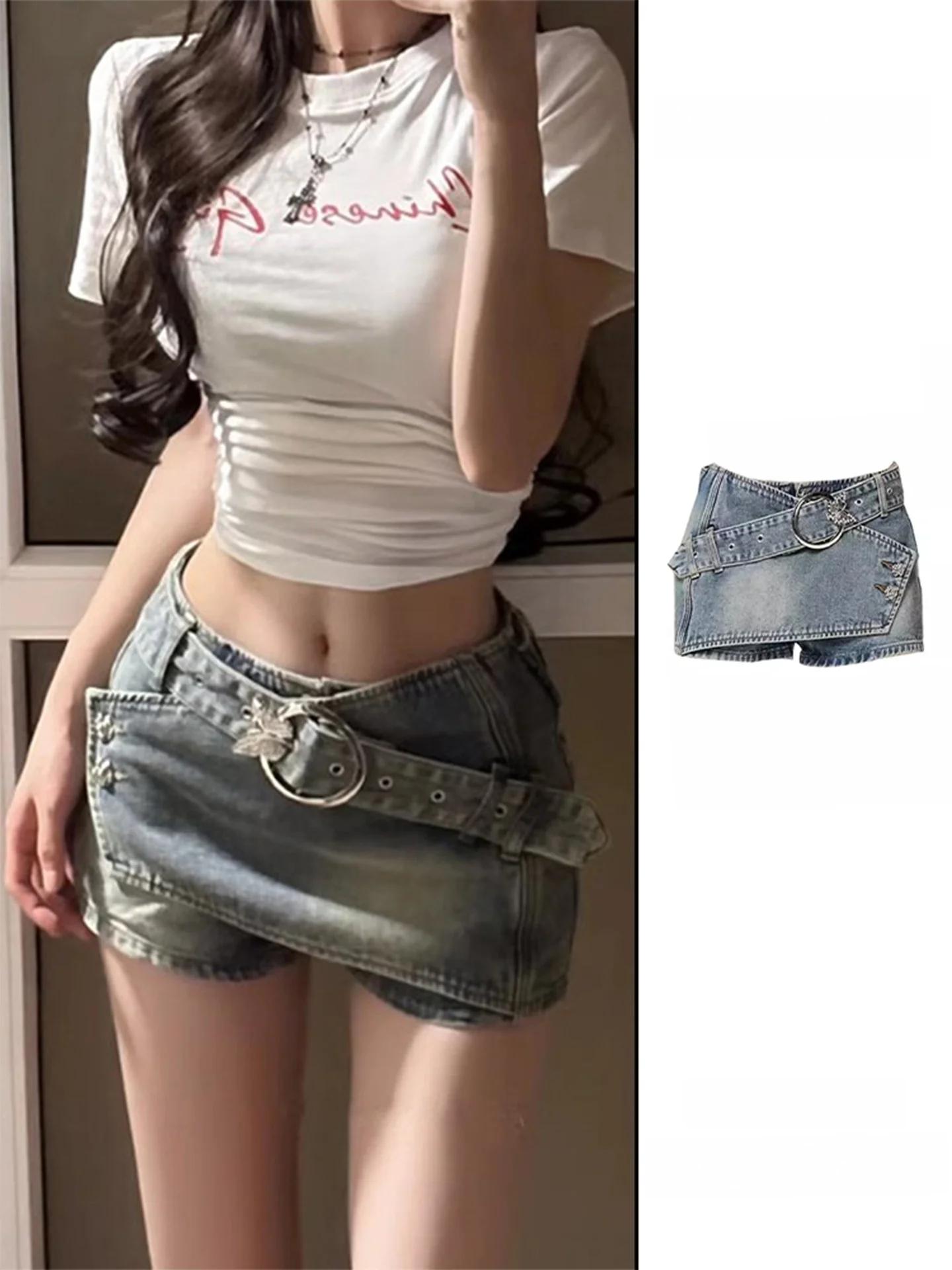 Spicy Girl Pure Desire Low Waist Denim  Skirt Women's Slim Fit A-Line Wraparound Skirt Casual Vintage Style Short Skirt