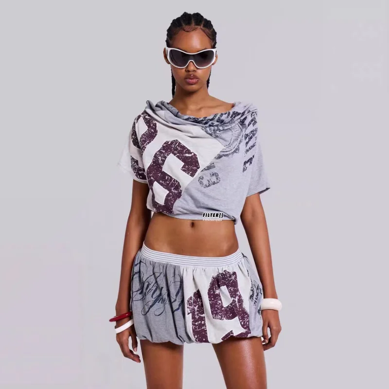 Jaded London Vintage Print Gedeconstrueerde ort Sve Bubble Rok Set Cool Sle Slim Fit T-shirt Bubble Sve voor dames