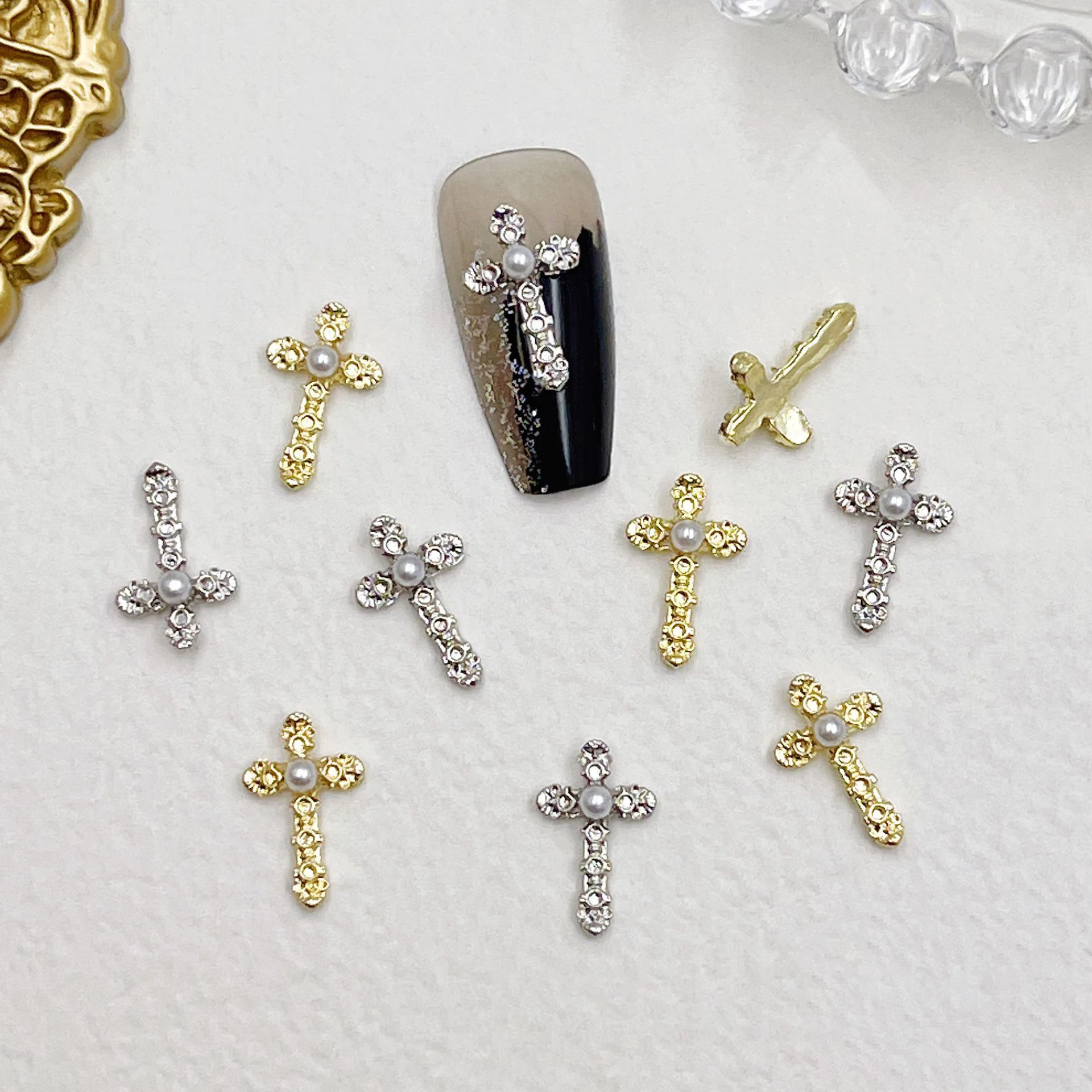 10Pcs Luxury Dark Pearl Cross Nail Decorations Metal Nail Art Charms 3D Alloy Rhinestones Retro DIY Manicure Accessories 9*14mm