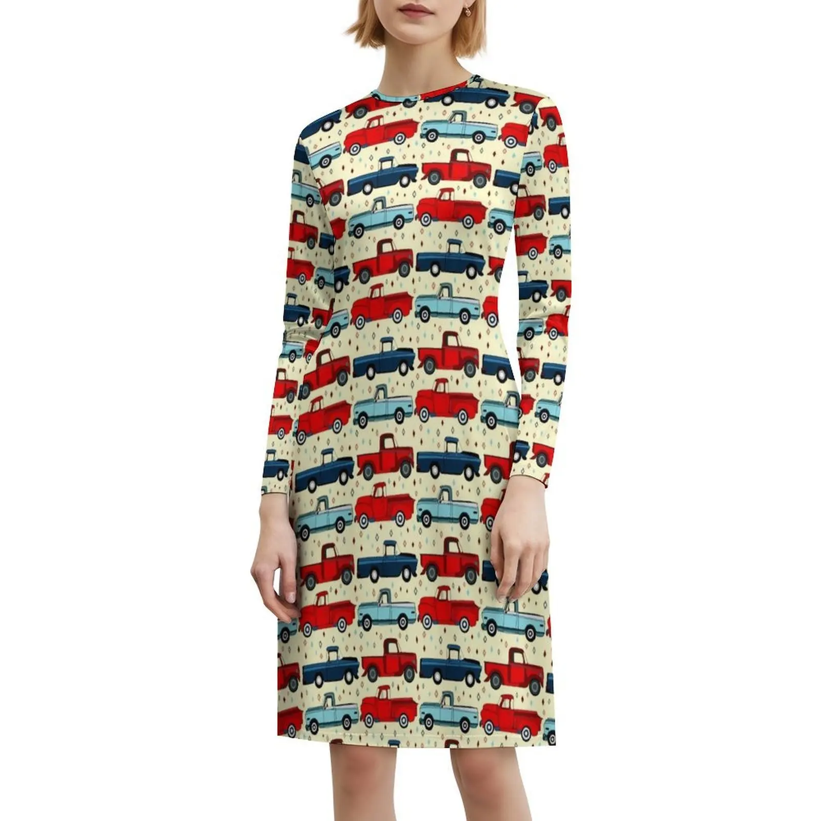 الشتاء خمر الشاحنات البوهيمي بلا أكمام فستان متعدد المطبوعات شاطئ عطلة فستان الحفلات سيارات لطيف الطراز القديم مرسومة باليد