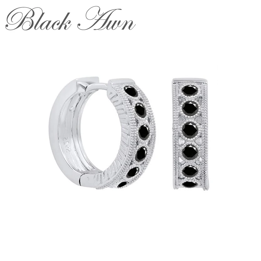 Black Awn Classic Silver Color Round Black Trendy Spinel Engagement Hoop Earrings for Women Jewelry I182