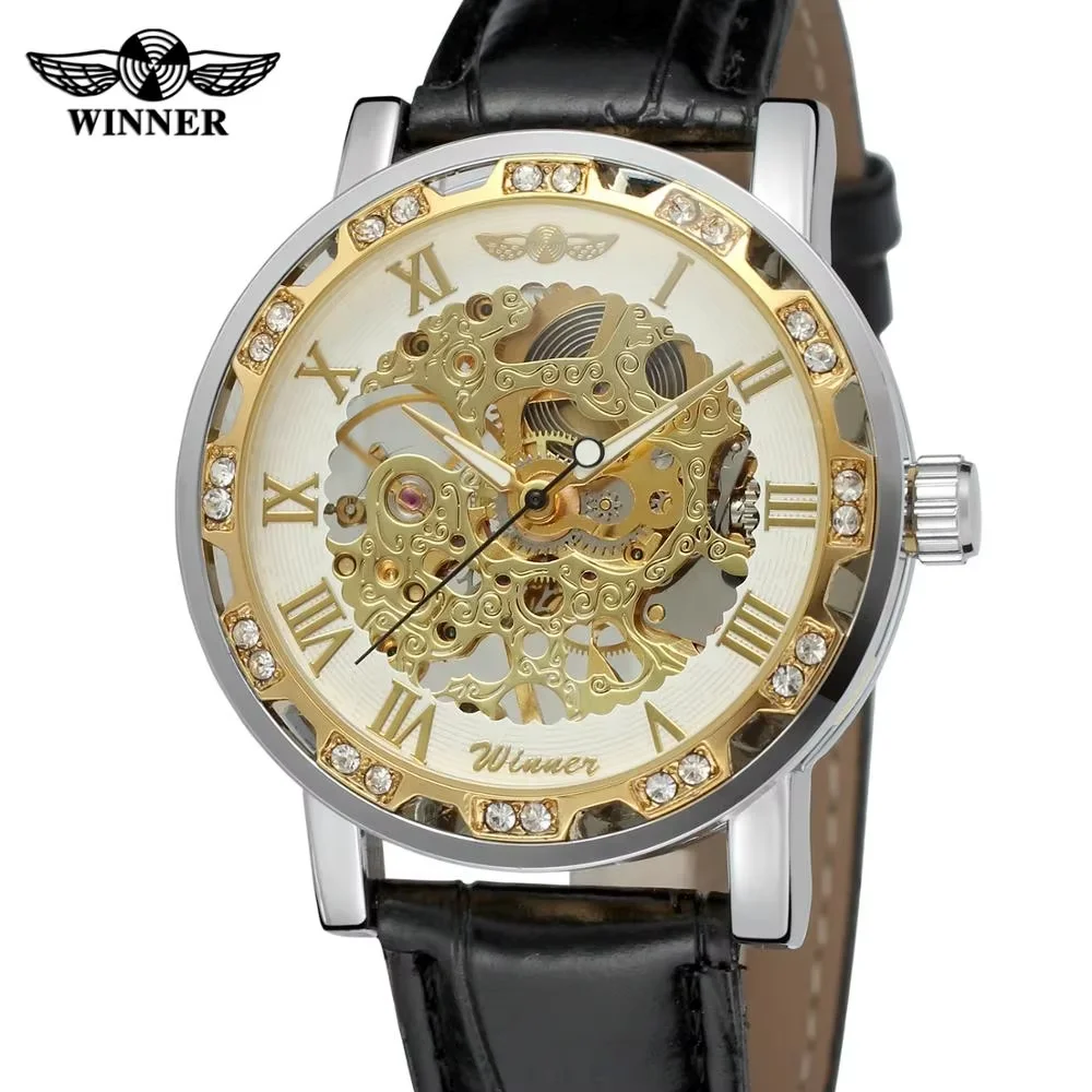 WINNER watch Casual fashion luxury gold and white  Roman numerals with diamond men's manual mechanical belt wrist watch