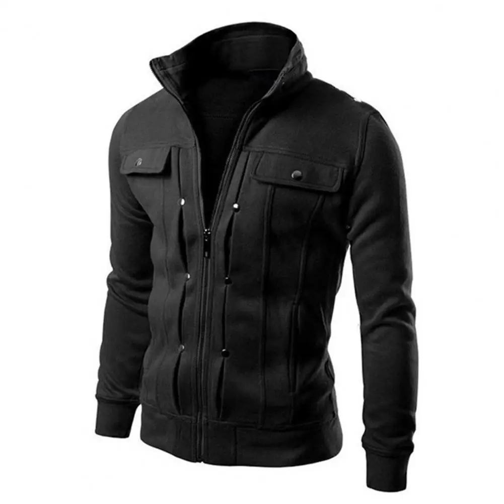 Men Outerwear Stylish Men\'s Spring Outerwear with Stand Collar Zipper Closure Casual Jacket for Autumn Solid Color Long for Men