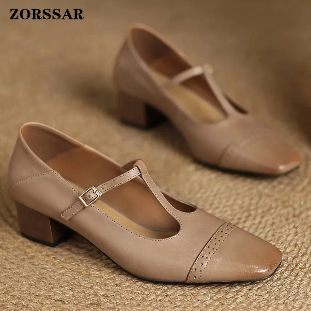 Plus Size 34-41 Women's Cow Leather Carving British Style T-strap Slip-on Pumps 4cm Thick Med Heel Elegant Ladies Dress Shoes view 6