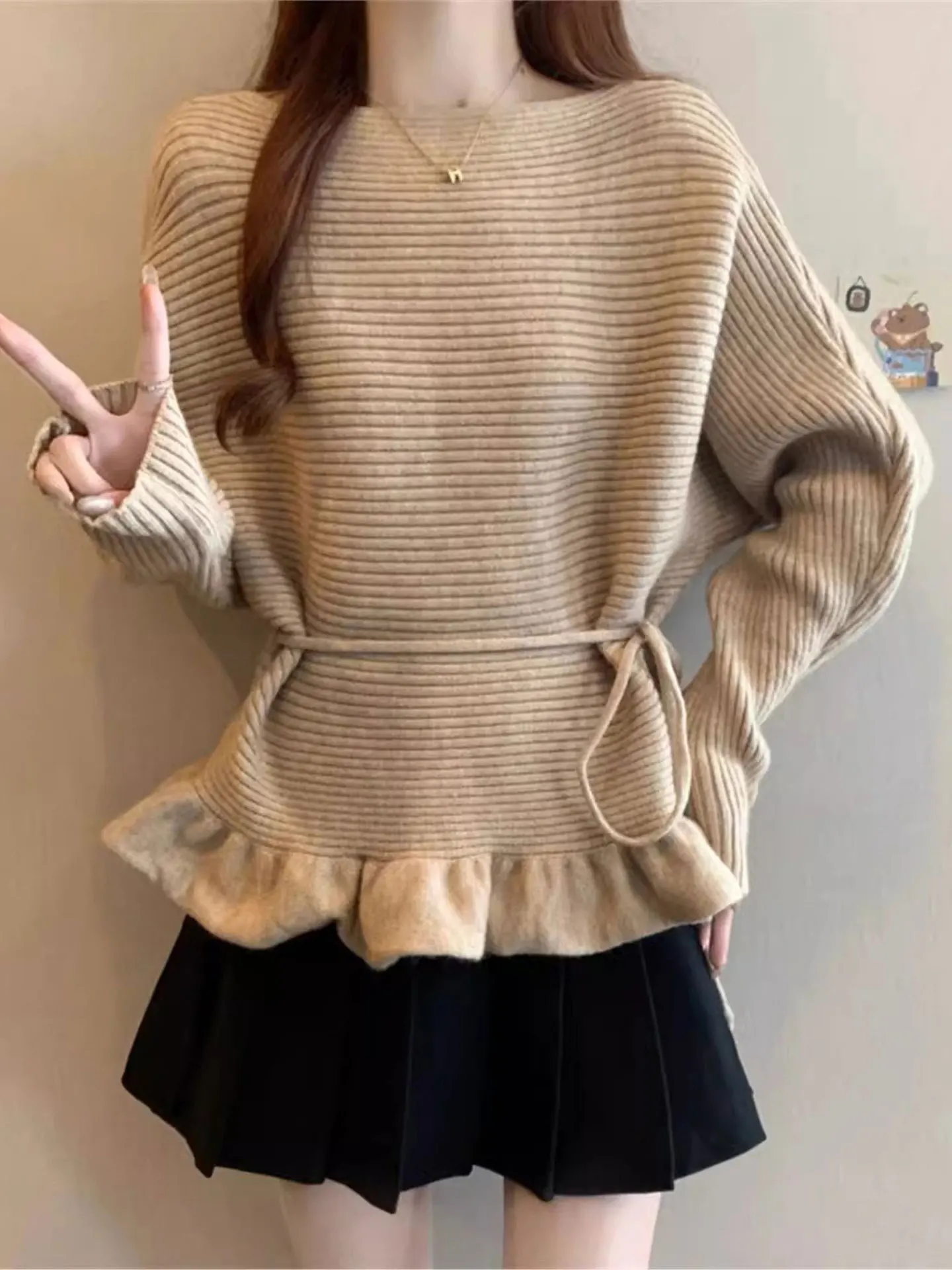 

Chic Long Sve Knitted Sweater Women's plus Size Floral Waist Cinched Casual Sle Soft Polyester Fabric Overhead Wear