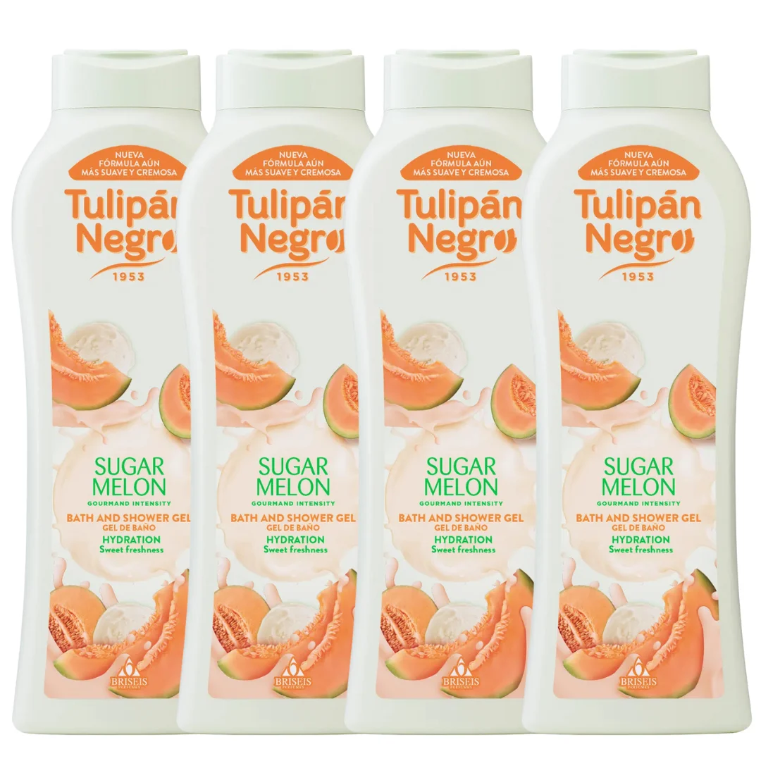 Pack de 4 geles de ducha tulipán negro – gel de baño tulipán negro azúcar melón 650 ml – aroma dulce y refrescante, hidratación y suavidad para el cuidado diario, fragancia de melón con acordes cremos