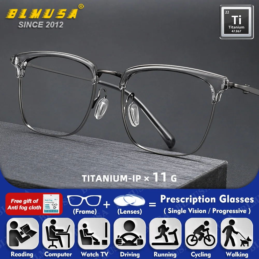 

BLMUSA (M) Simple High Quality Pure Titanium Anti Blue Ray Prescription Reading Glasses Men Ultralight Myopia Optical Eyeglasses