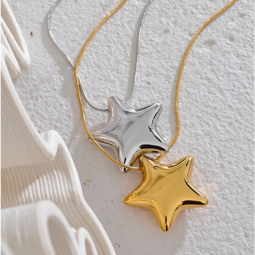 Mariasz Minimalist Puffy Star Pedant Stainless Steel Necklace for Women Gold Color Chunky Charm Collarbone Chain Jewelry Set