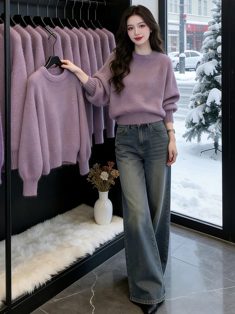 

Ele Knitted Sweater Women's Faion Anti-Aging Winter Loose Fit Glittering Daily Matched Top Quali Breathable Skin-Frie...