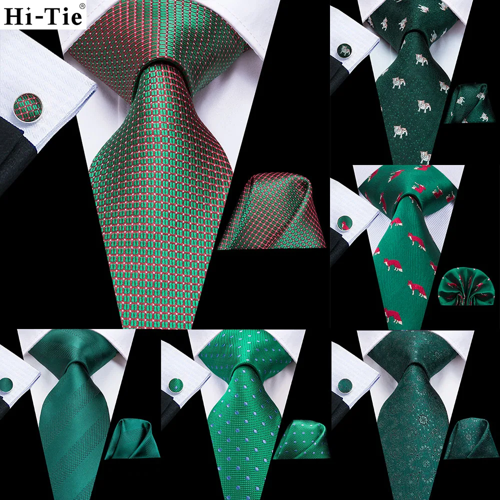 Hi-Tie Men Necktie Green Solid Paisley Silk Wedding Tie For Men Hanky Cufflink Set Business Party Dropshipping Fashion Designer