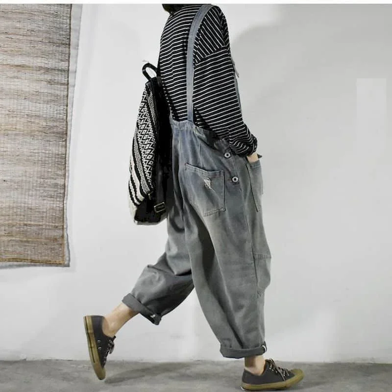 Поп-комбинезоны для женщин, винтажные комбинезоны в корейском стиле, повседневные брюки через плечо, свободные брюки, комбинезоны большого размера для женской одежды