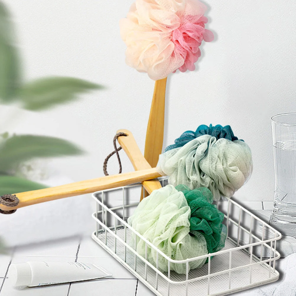 

3pcs Long Handle Bath Brush Wooden Shower Body Brush Soft Mesh Sponge For Back Cleaning Durable Bathing Tool Household Dorm Use