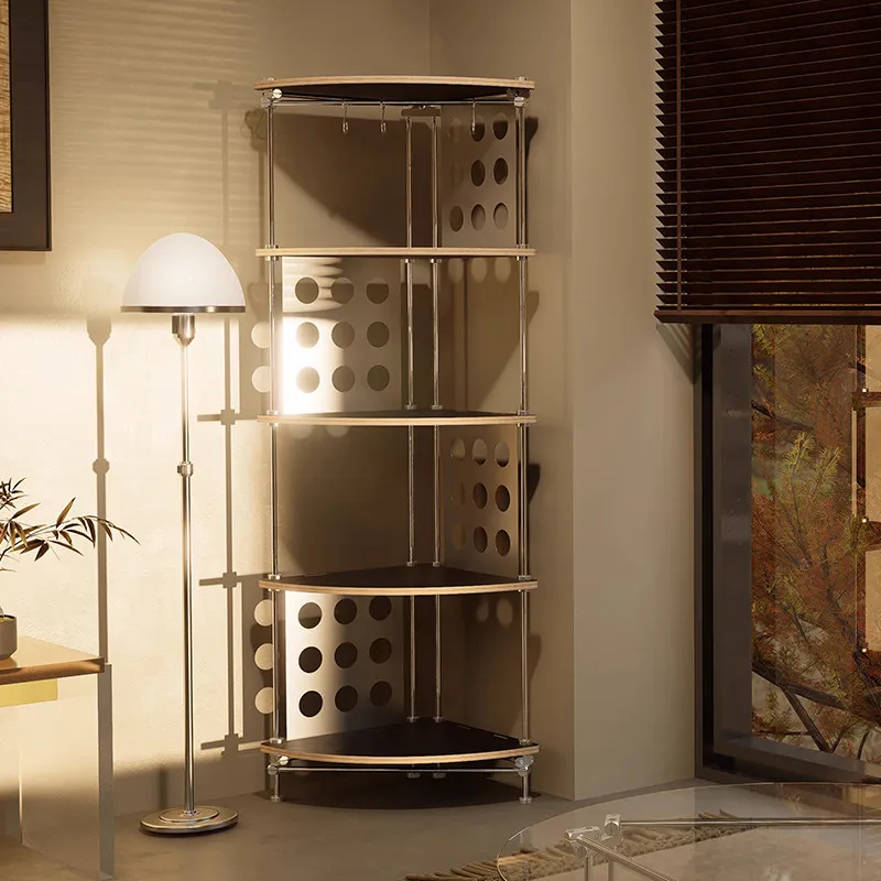 Medieval stainless steel corner corner rack optical axis corner triangular bookshelf marine plate display cabinet storage