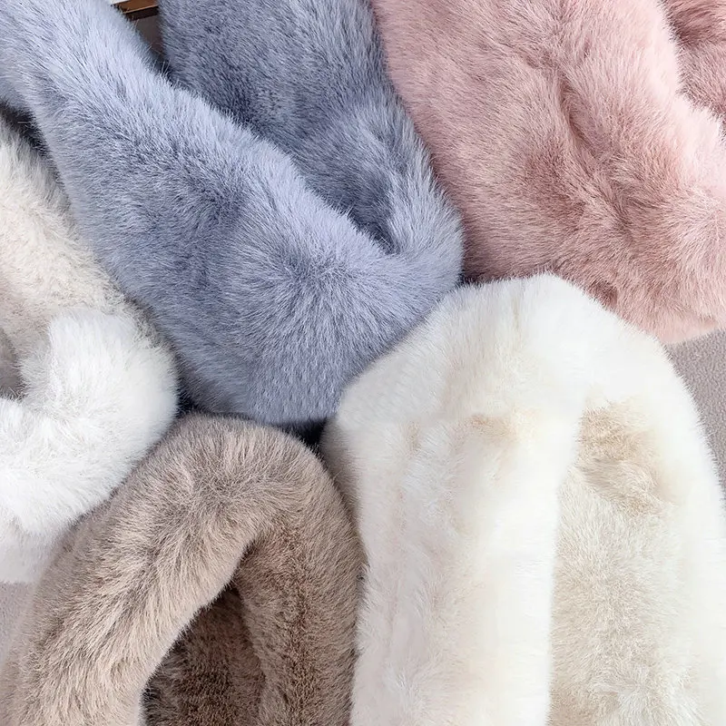 New Winter Plush Scarf Faux Fur Collar Neck Tie Women Korean Knitted Wave Point Cross Scarves Warmer Autumn Fake Rabbit Fur