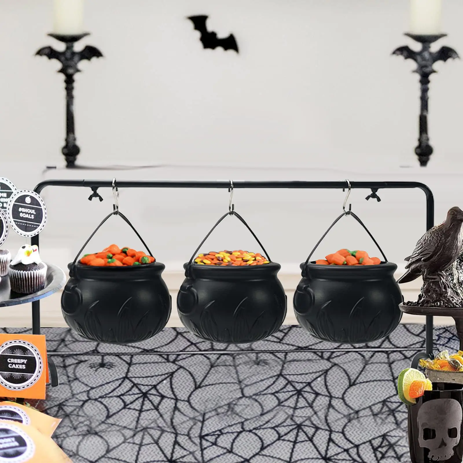 Halloween Decor - Halloween Party Decorations - Set Of 3 Witches Cauldron Serving Bowls On Rack - Black Plastic Cauldron