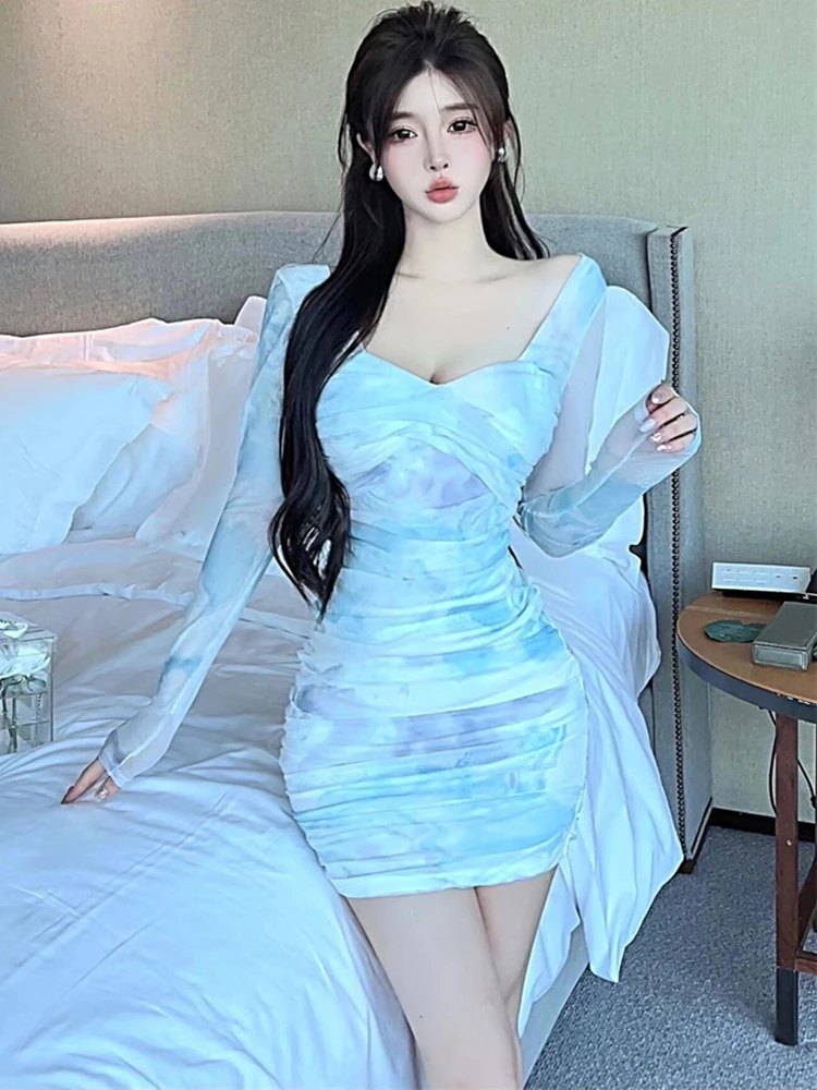 2024 Stampa Pieghettato Aderente Colletto Quadrato Vestito Delle Donne Manica Lunga Elegante Casual Abito Corto Primavera Autunno Coreano Chic Vestito Da Promenade