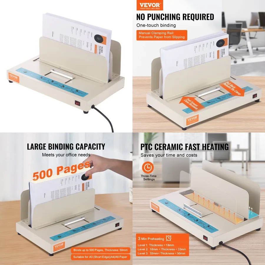 

VEVOR Thermal Binding hine 500 Sheets Capacity Book Binding hine Thermal Book Binder 50mm Binding Thickn A3 Short Edge A4 A5 Do