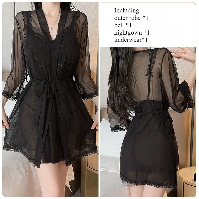 

Сексуальные ночные рубашки, комплект из 4 предметов, пижамы для женщин, сетчатая прозрачная пустошка большого размера с мягкими бретелями для бюстгальтера, комплект внешнего халата