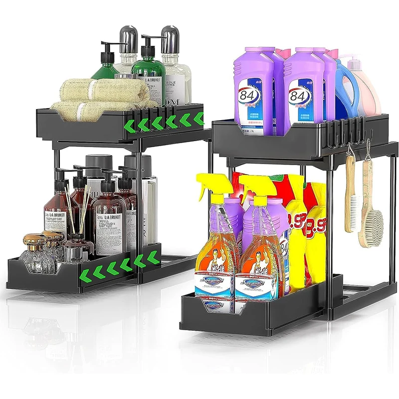 2 Tier Double Sliding Under Sink Organizers Space-Saving Storage Kitchen Washable Cabinet Organizer with 4 Hook Under Sink Shelf