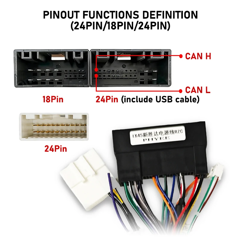 CAN-Bus-Decoder-Kabelbaum 18-Pin/24-Pin, SWC-Kompatibel (ohne OEM-USB), 16-Pin P&P-Adapter für Hyundai Tucson Santa Fe Kia Sportage Ceed – Detail 4