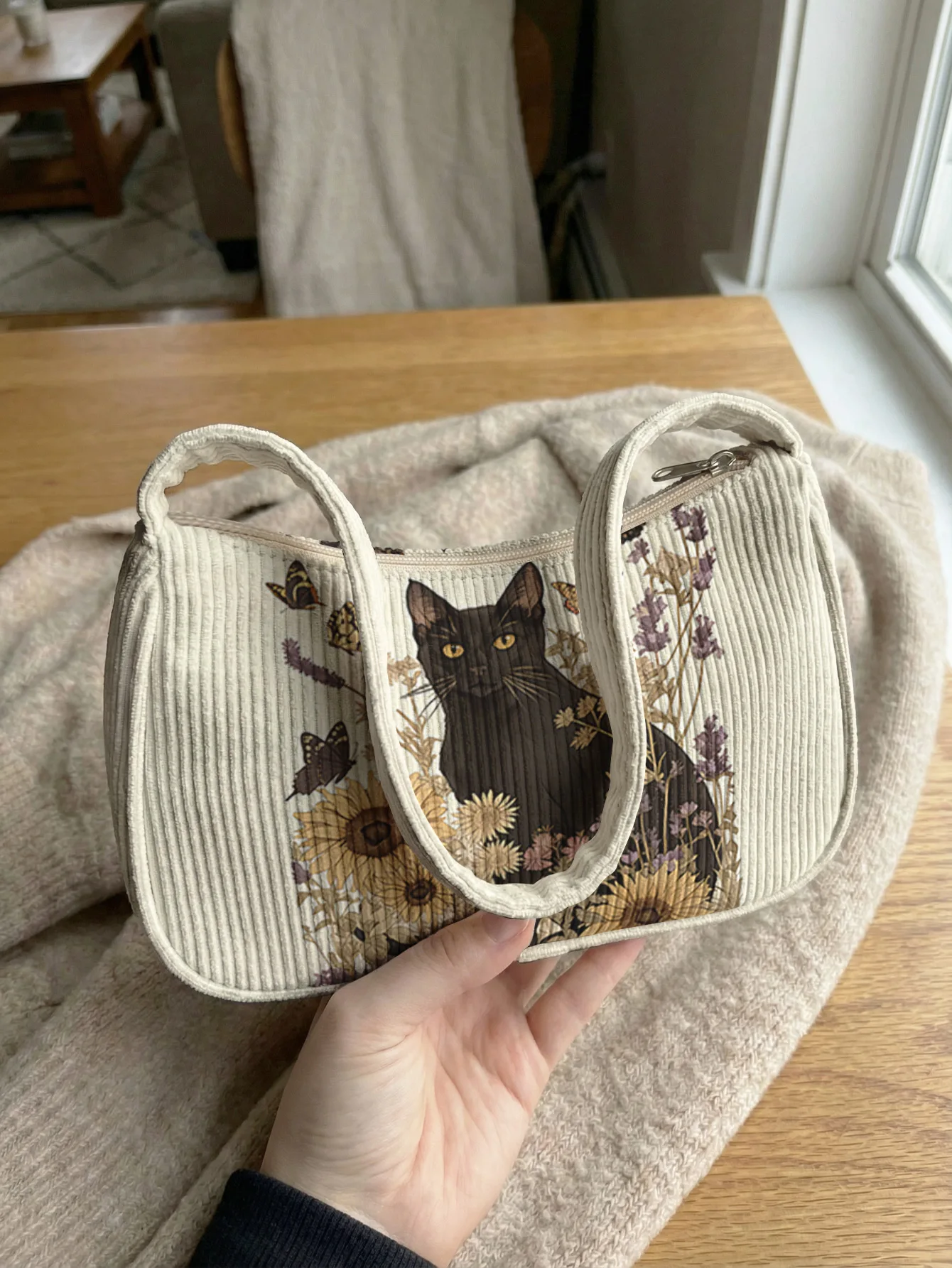 Trendy Cottagecore Black Cat & Sunflower Print Shoulder Bag, Cozy Beige Corduroy Underarm Bag - view 3