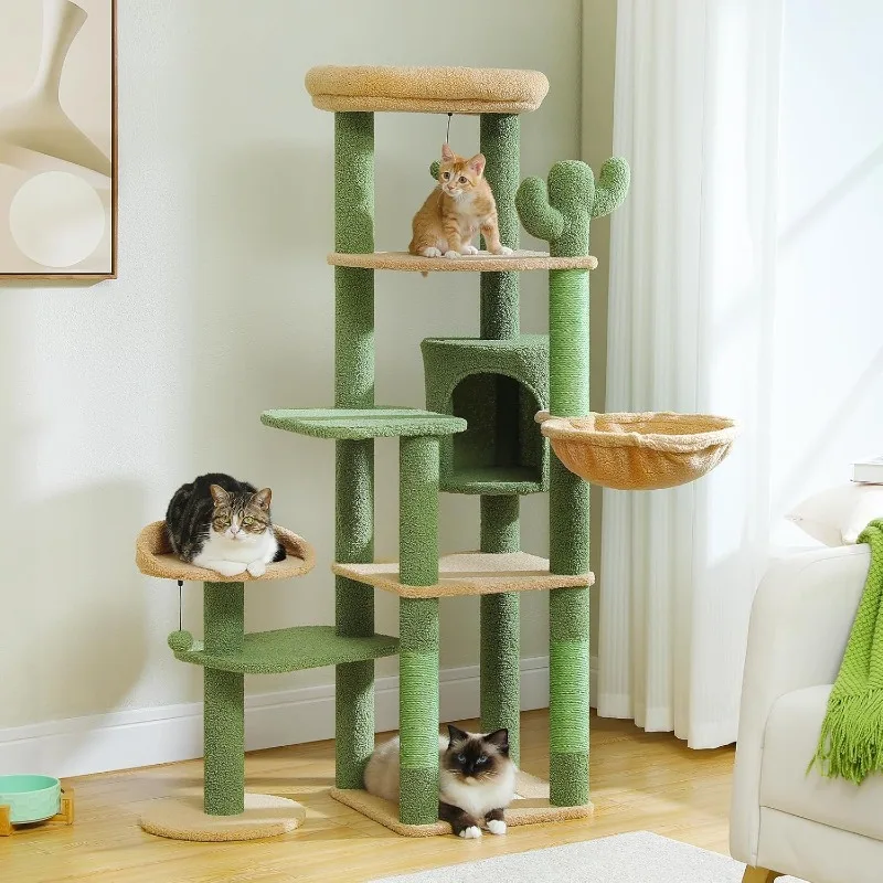 

59" Cactus Cat Tree, LargeTree for Indoor Cats, Tower, Multi-Level Tower, Condo with Large Hammock, Green