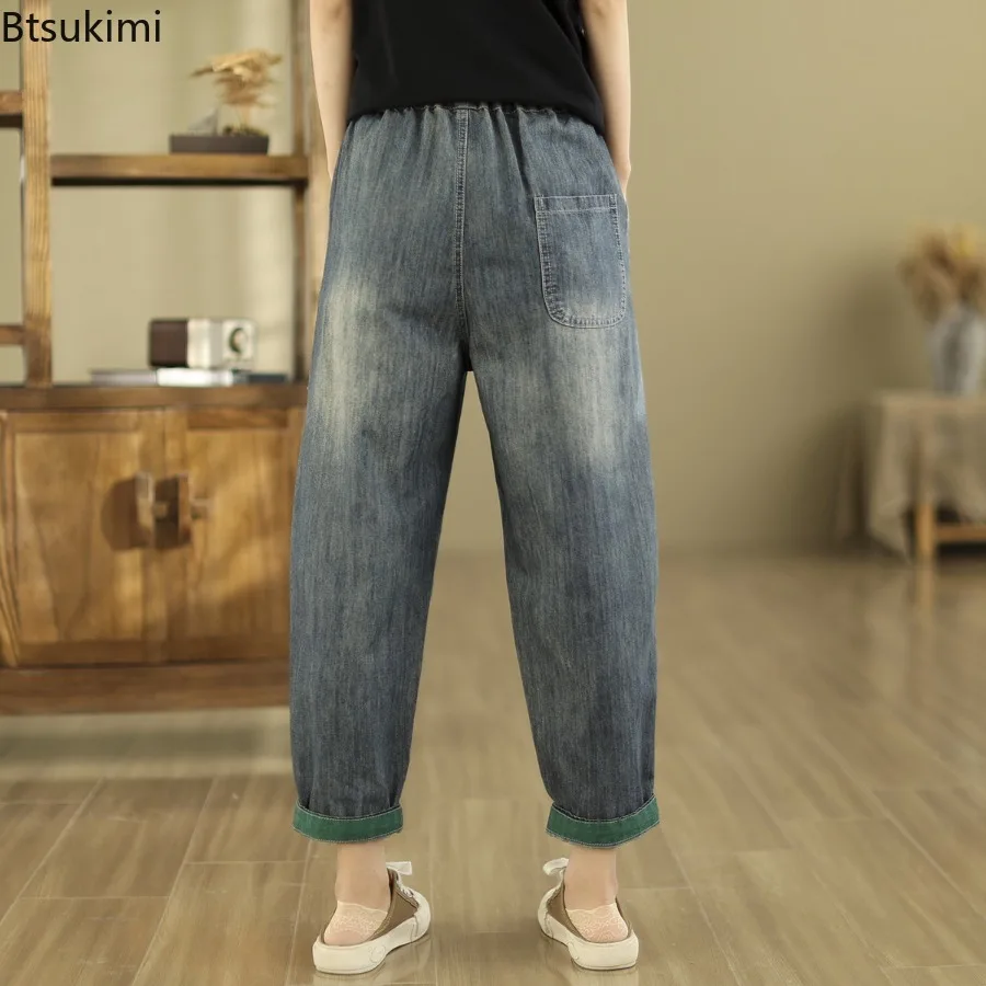 Casual Vintage Mori Girl Flower Embroidery Jeans Elastic Waist Baggy Harem Pants Spring Summer Women's Cotton Pocket Denim Pants