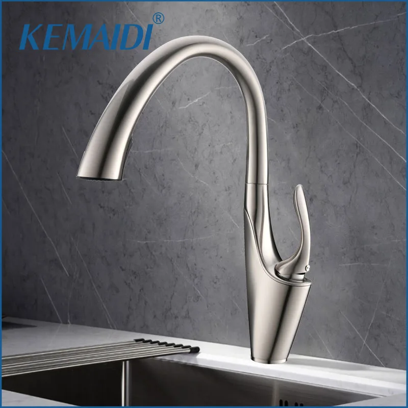

KEMAIDI Pull Out Kitchen Faucet Brushed Nickel Single Handle Hot and Cold Water Mixer Tap w/ Pull Down Sprayer for Kitchen Sink