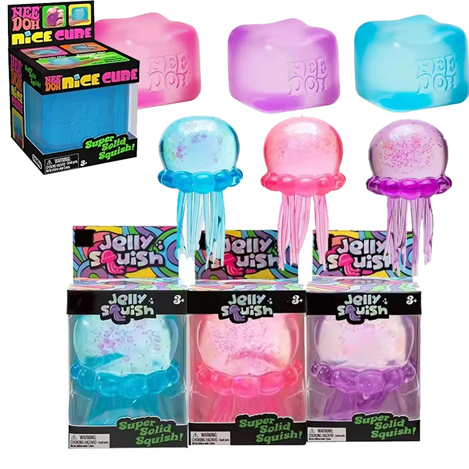 %%***Trending Nee Doh Jellyfish & Cube Squish Toy, Soft Jelly Squeeze Stress Relief Fidget Toy, Sensory NeeDoh for Kids & Adults