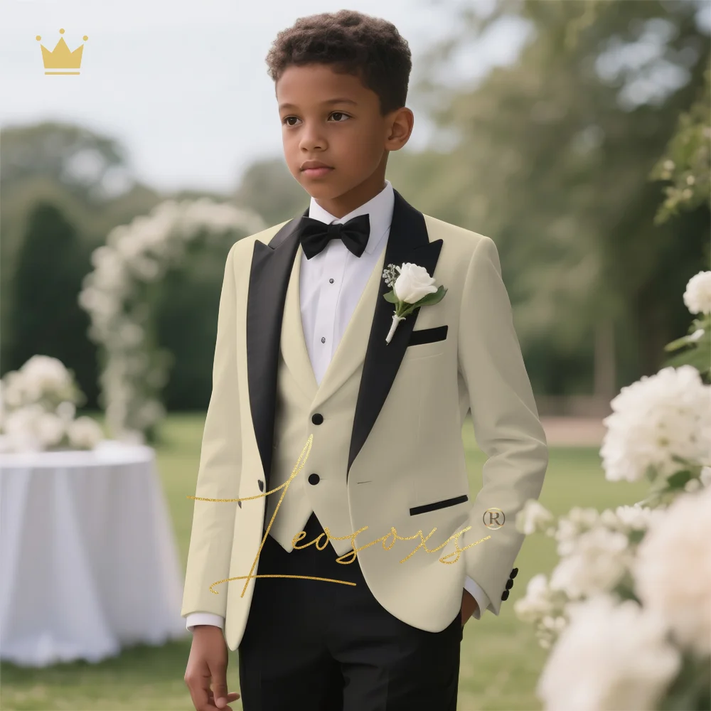 Boys' 3-Piece Tuxedo Suit Custom Tailored for Weddings - Elegant Design with Lapel and Vest, Perfect for Ceremony and Reception