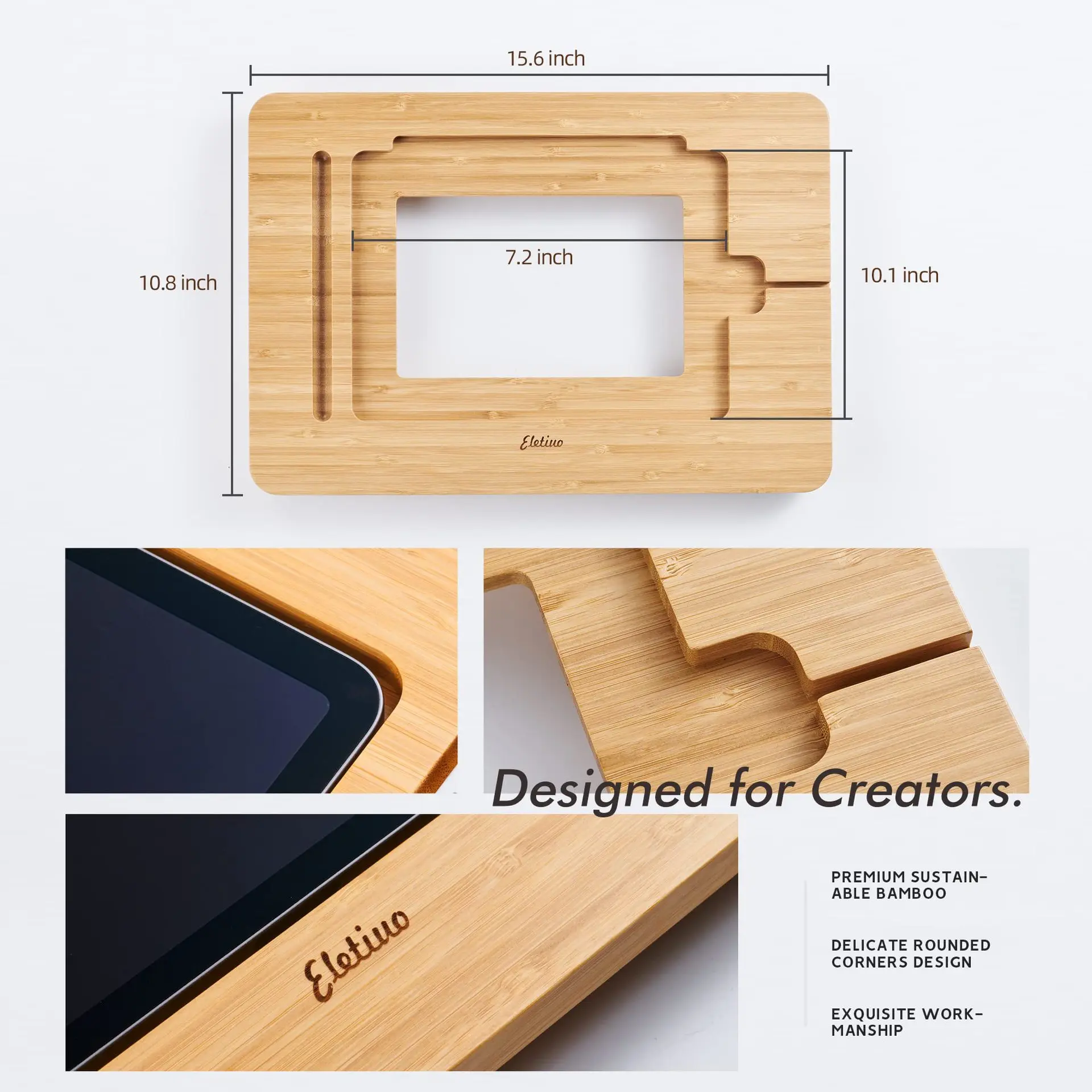 Wooden Adjustable Tablet Stand with Pencil Holder & Charging Cable Slot, Ergonomic Desktop Tablet Holder for Drawing & Reading